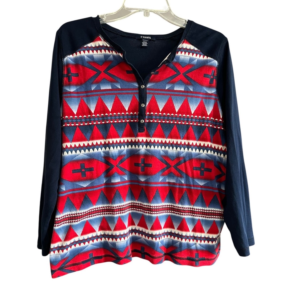 Chaps Womens 2X Henley Top Navy Blue Southwestern Geometric Print Cotton Ranch